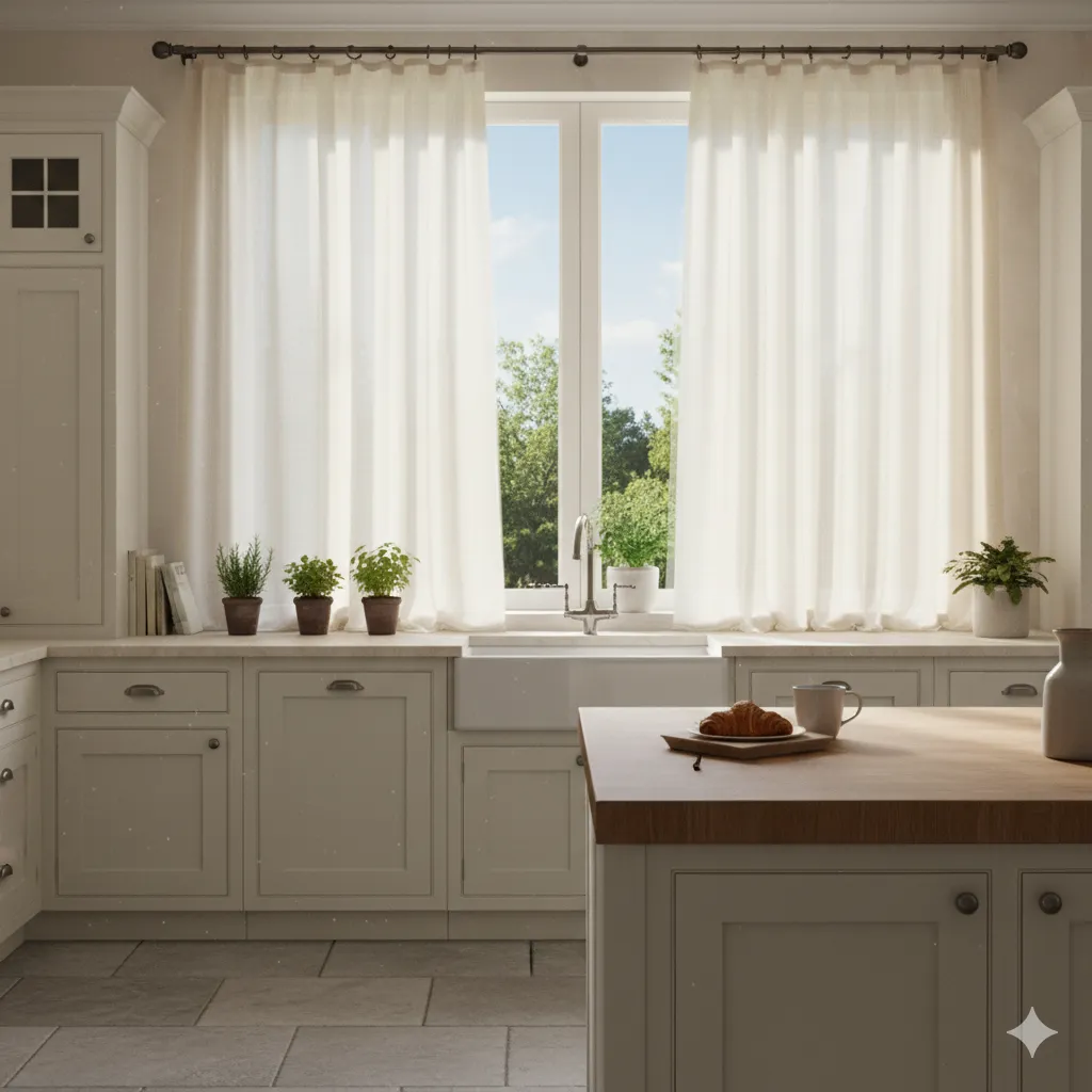 Light-filtering curtains in a kitchen
